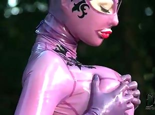 Corset and tight latex catsuit on girl outdoors