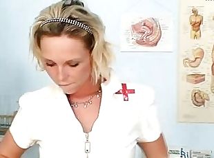 Filthy nurse Gabriela shows off her flexible pussy on closeups